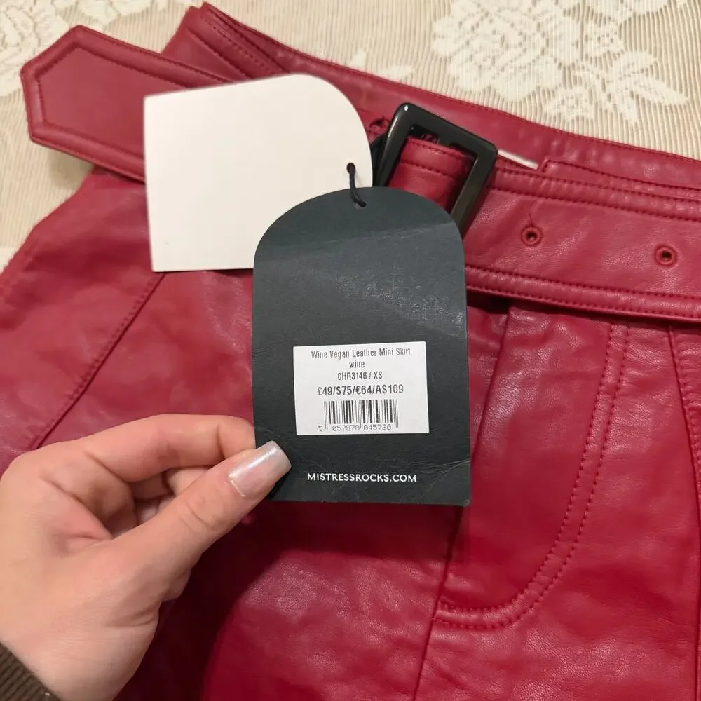 Mistress Rocks Wine Vegan Leather Pleated Mini Skirt Size XS NWT